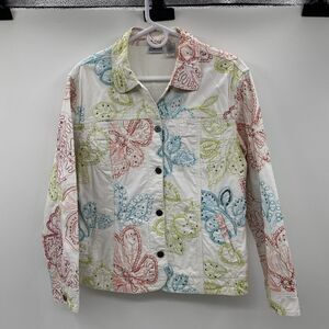 CHICO'S White Embroidery Flowered Button Down Jacket Size 1